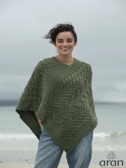 Womens Irish Knitwear|Ladies Aran Ponchos & Capes*Sweater Shop Aran Super Soft Poncho Green