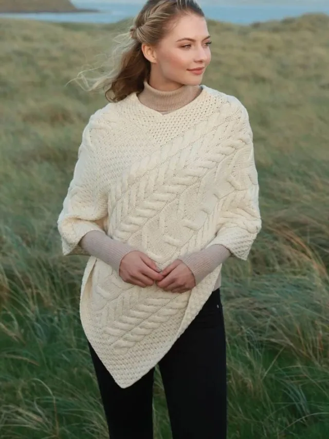 Womens Irish Knitwear*Sweater Shop Aran Super Soft Poncho Natural