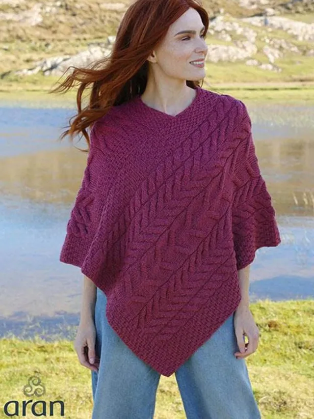 Ladies Aran Ponchos & Capes|Cashmere And Merino Wool Sweaters*Sweater Shop Aran Super Soft Poncho Raspberry