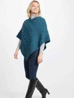 Ladies Aran Ponchos & Capes*Sweater Shop Aran Super Soft Poncho Teal