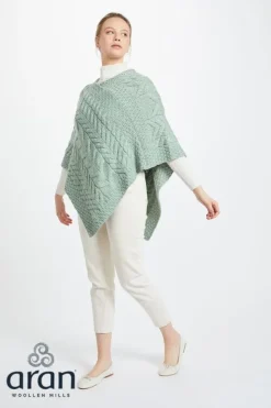 Ladies Aran Ponchos & Capes*Sweater Shop Aran Supersoft Merino Wool Poncho - Mint