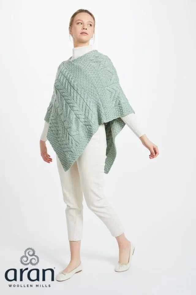 Ladies Aran Ponchos & Capes*Sweater Shop Aran Supersoft Merino Wool Poncho - Mint