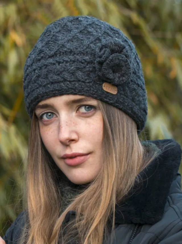 Aran Wool Hats|Ladies Hats*Sweater Shop Aran Trellis Pullon Hat Charcoal