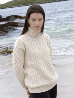 Womens Irish Knitwear|Womens Aran Fisherman Sweaters*Sweater Shop Aran Turleneck Sweater 100% Merino Wool