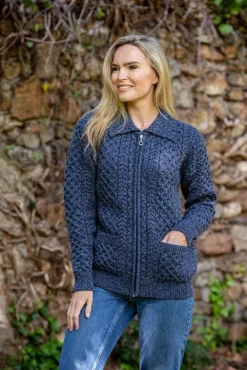 Womens Irish Knitwear|Ladies Cardigans*Sweater Shop Aran Zip Cardigan with Collar - Denim Marl