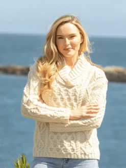 Womens Irish Knitwear|Womens Aran Fisherman Sweaters*Sweater Shop Bramble Aran Shawl Collar Sweater Natural