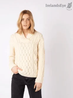 Womens Irish Knitwear|Womens Aran Fisherman Sweaters*Sweater Shop Bramble Aran Shawl Collar Sweater Natural