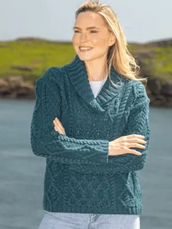 Womens Irish Knitwear|Womens Aran Fisherman Sweaters*Sweater Shop Bramble Aran Shawl Collar Sweater Atlantic