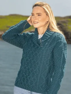 Womens Irish Knitwear|Womens Aran Fisherman Sweaters*Sweater Shop Bramble Aran Shawl Collar Sweater Atlantic