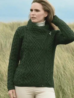 Womens Irish Knitwear|Womens Aran Fisherman Sweaters*Sweater Shop Cable Knit Side Jacket Green
