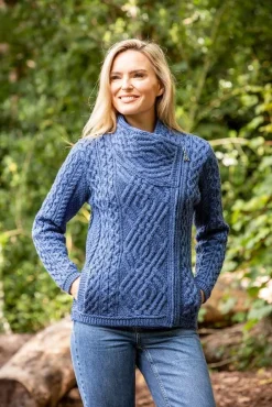 Womens Irish Knitwear|Ladies Cardigans*Sweater Shop Cable Knit Side Zip Cardigan Royal Blue