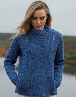 Womens Irish Knitwear|Ladies Cardigans*Sweater Shop Cable Knit Side Zip Cardigan Royal Blue