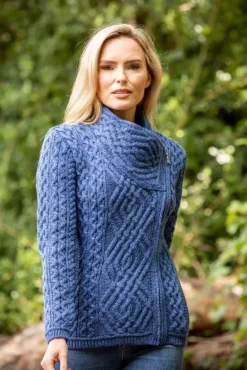 Womens Irish Knitwear|Ladies Cardigans*Sweater Shop Cable Knit Side Zip Cardigan Royal Blue