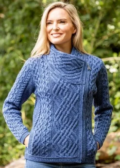 Womens Irish Knitwear|Ladies Cardigans*Sweater Shop Cable Knit Side Zip Cardigan Royal Blue
