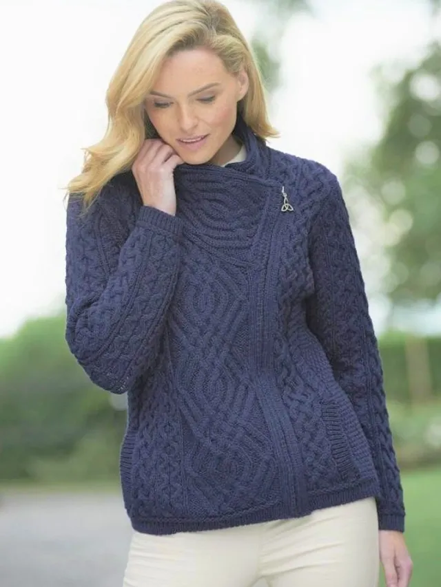 Womens Irish Knitwear|Ladies Cardigans*Sweater Shop Cable knit Side Zip Cardigan Navy