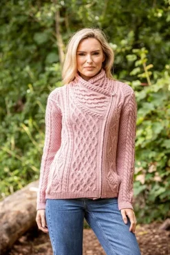 Womens Irish Knitwear|Ladies Cardigans*Sweater Shop Cable Knit Side Zip Pink