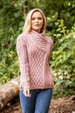 Womens Irish Knitwear|Ladies Cardigans*Sweater Shop Cable Knit Side Zip Pink