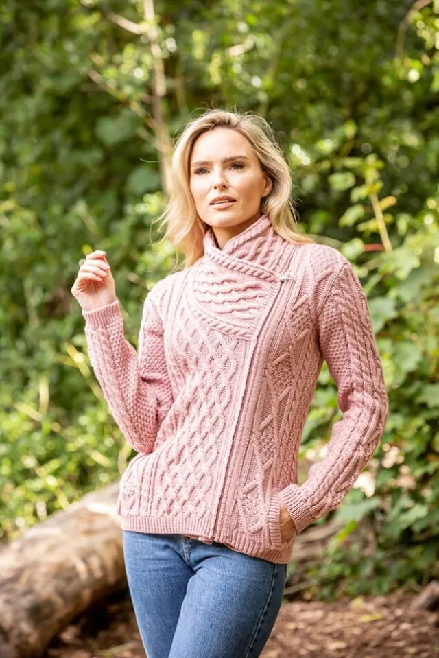 Womens Irish Knitwear|Ladies Cardigans*Sweater Shop Cable Knit Side Zip Pink