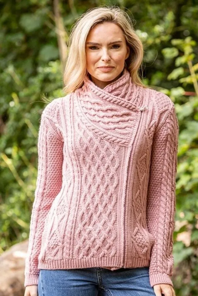 Womens Irish Knitwear|Ladies Cardigans*Sweater Shop Cable Knit Side Zip Pink