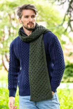 Mens Aran Scarves*Sweater Shop Cable Knit Unisex Scarf Army Green - 100% Merino Wool