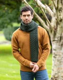 Mens Aran Scarves*Sweater Shop Cable Knit Unisex Scarf Army Green - 100% Merino Wool