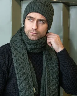 Mens Aran Scarves*Sweater Shop Cable Knit Unisex Scarf Army Green - 100% Merino Wool