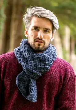 Mens Aran Scarves*Sweater Shop Cable Knit Unisex Scarf Denim Marl - 100% Merino Wool