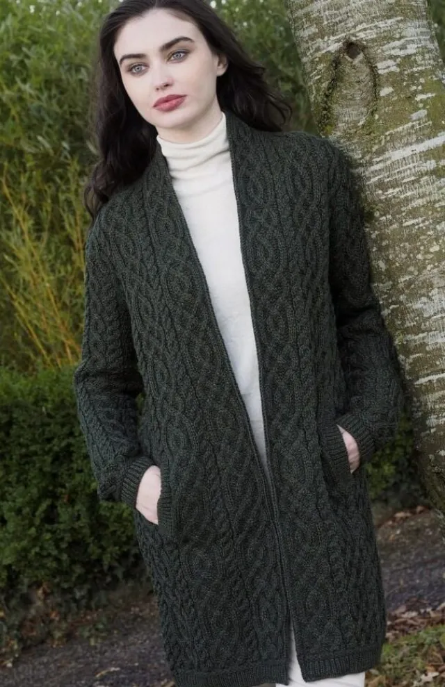 Womens Irish Knitwear|Ladies Cardigans*Sweater Shop Celtic Braid Coat Army Green