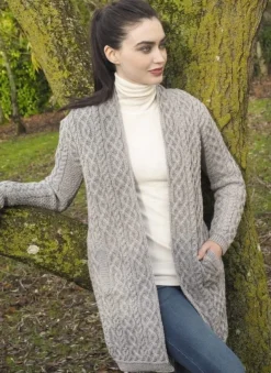 Womens Irish Knitwear|Ladies Cardigans*Sweater Shop Celtic Braid Coat Grey