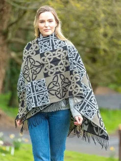 Ladies Aran Ponchos & Capes*Sweater Shop Celtic Design Shawl Black Mix