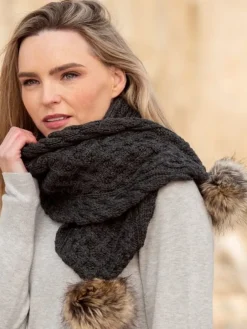 Ladies Aran Scarves*Sweater Shop Charcoal Pom Pom Aran Scarf