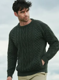 Mens Fisherman Sweaters|Mens Knitwear*Sweater Shop Crew Neck Sweater with Tweed details Army Green