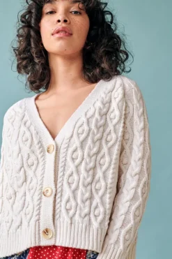 Designer Knitwear*Sweater Shop Cropped Cable Knit V Neck Cardigan Ivory