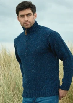Mens Fisherman Sweaters|Mens Knitwear*Sweater Shop Donegal Wool Half Zip- denim