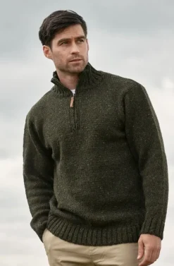 Mens Fisherman Sweaters*Sweater Shop Donegal Wool Half Zip Forest Green
