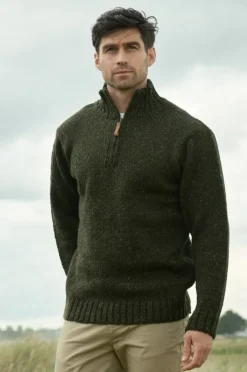 Mens Fisherman Sweaters*Sweater Shop Donegal Wool Half Zip Forest Green