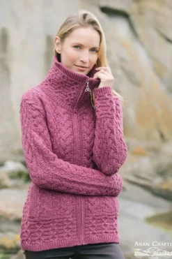 Womens Irish Knitwear|Ladies Cardigans*Sweater Shop Double Collar Zip Cardigan Berry