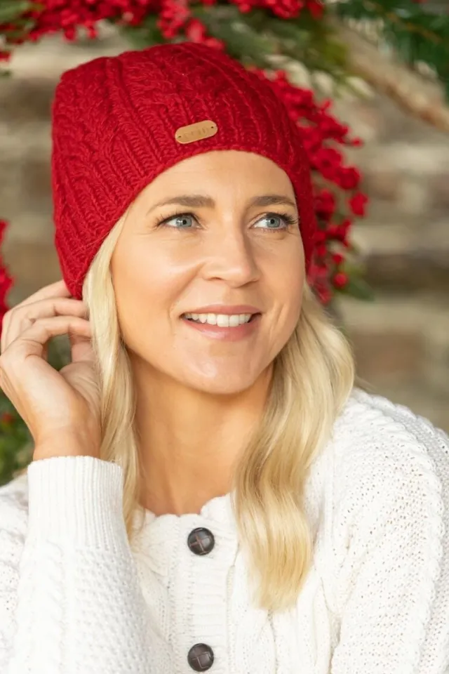 Aran Wool Hats*Sweater Shop Erin Cable Knit Hat Red