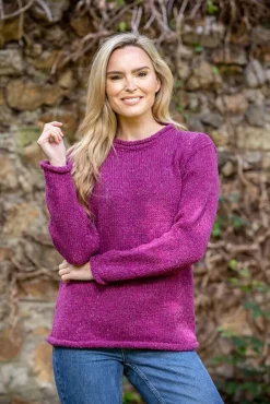 Womens Irish Knitwear|Womens Aran Fisherman Sweaters*Sweater Shop Extra Fine Merino Ladies Roll Neck Sweater Pink