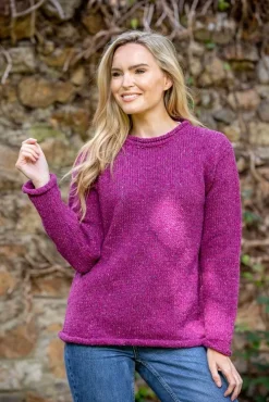 Womens Irish Knitwear|Womens Aran Fisherman Sweaters*Sweater Shop Extra Fine Merino Ladies Roll Neck Sweater Pink