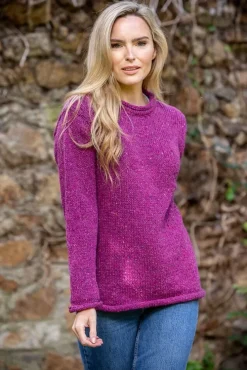 Womens Irish Knitwear|Womens Aran Fisherman Sweaters*Sweater Shop Extra Fine Merino Ladies Roll Neck Sweater Pink