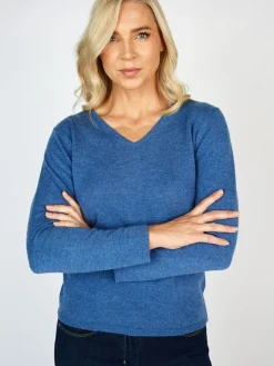 Womens Irish Knitwear|Cashmere And Merino Wool Sweaters*Sweater Shop Extra Fine Merino Wool & Cashmere V Neck Sweater Denim