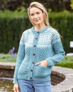 Ladies Cardigans*Sweater Shop Fairisle Merino Wool Cardigan Aqua