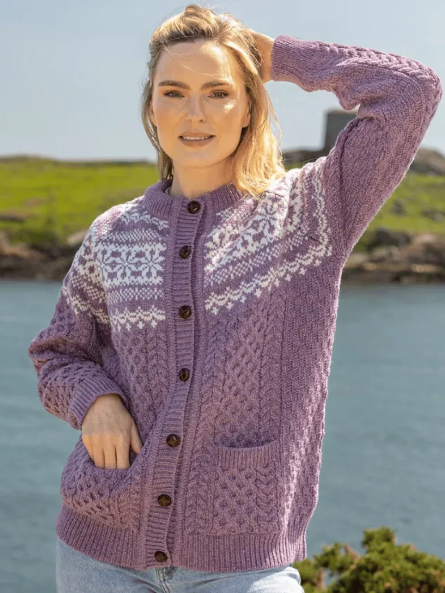 Ladies Cardigans*Sweater Shop Fairisle Merino Wool Cardigan Lavender