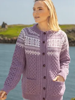 Ladies Cardigans*Sweater Shop Fairisle Merino Wool Cardigan Lavender