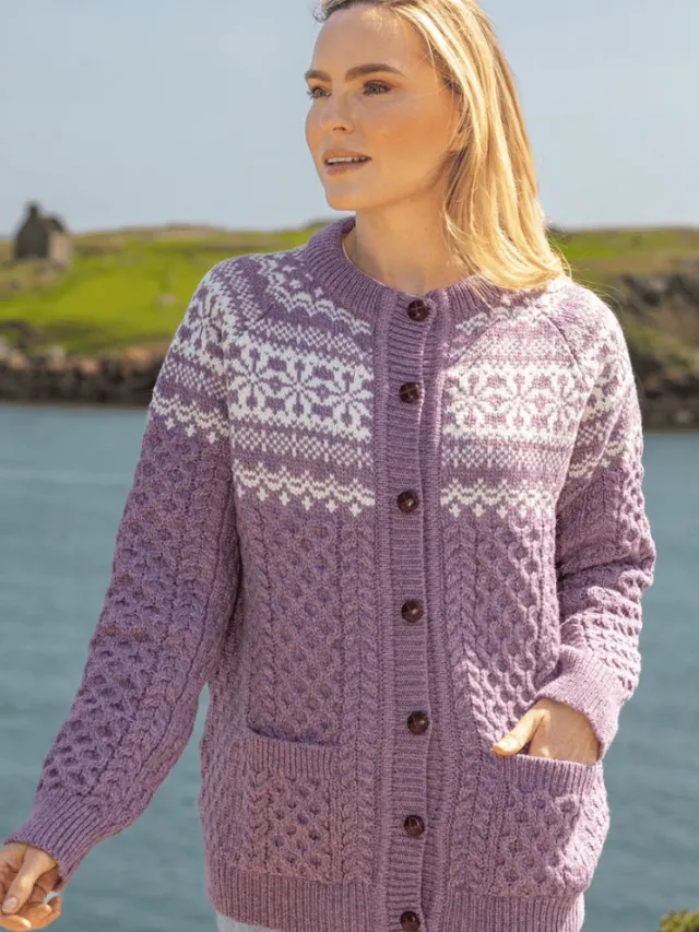 Ladies Cardigans*Sweater Shop Fairisle Merino Wool Cardigan Lavender