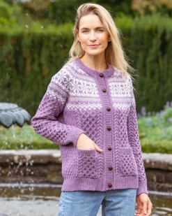 Ladies Cardigans*Sweater Shop Fairisle Merino Wool Cardigan Lavender