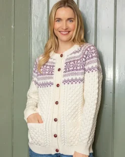 Womens Irish Knitwear|Ladies Cardigans*Sweater Shop Fairisle Merino Wool Cardigan - Natural