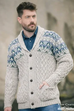 Mens Aran Cardigans|Mens Knitwear*Sweater Shop Fairisle Shawl Cardigan Oatmeal