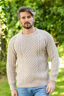 Mens Fisherman Sweaters*Sweater Shop Fisherman Aran Sweater Parsnip Merino Wool